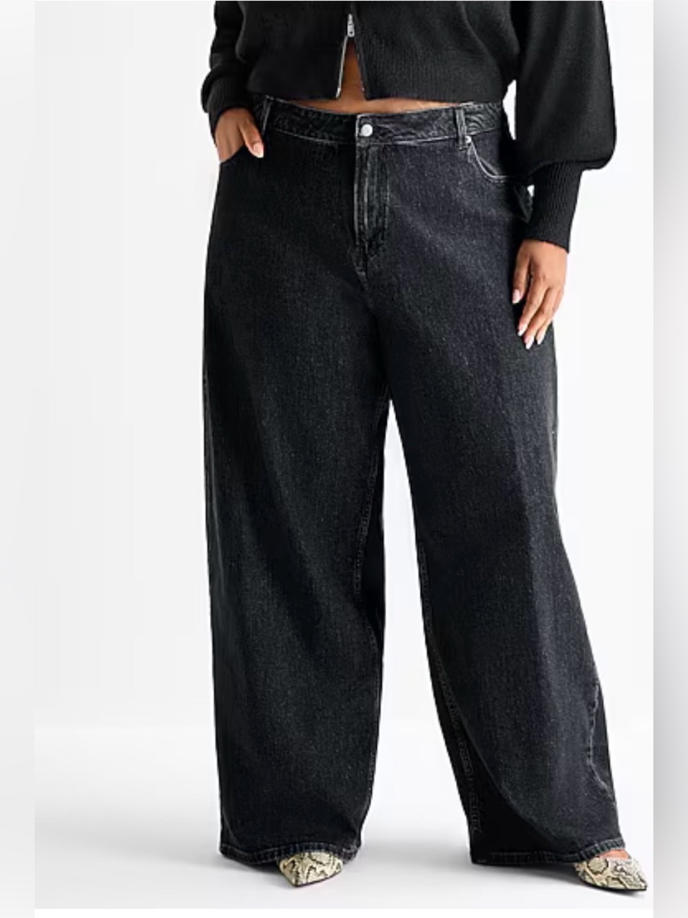 Ashley Graham Slouchy Womens Plus High Rise Wide Leg Jean-Black Wash